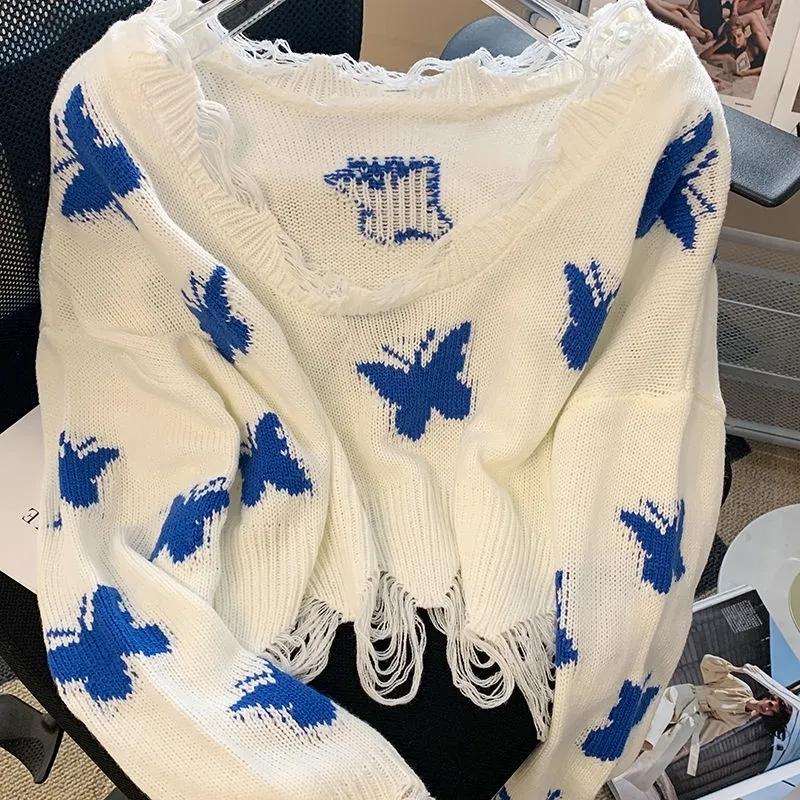 Sweater Butterfly Knitted Top Off shoulder Ripped Short Korean Lazy Style Short Sweater Women's Summer and Autumn