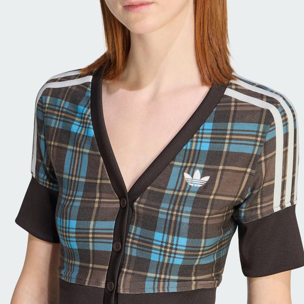 adidas Originální Kostkovaná Košile S Knoflíky Tři Pruhy Kostkovaná Knoflíková Sportovní Košile S V-Výstřihem Krátkým Rukávem Dámské košile KW4548