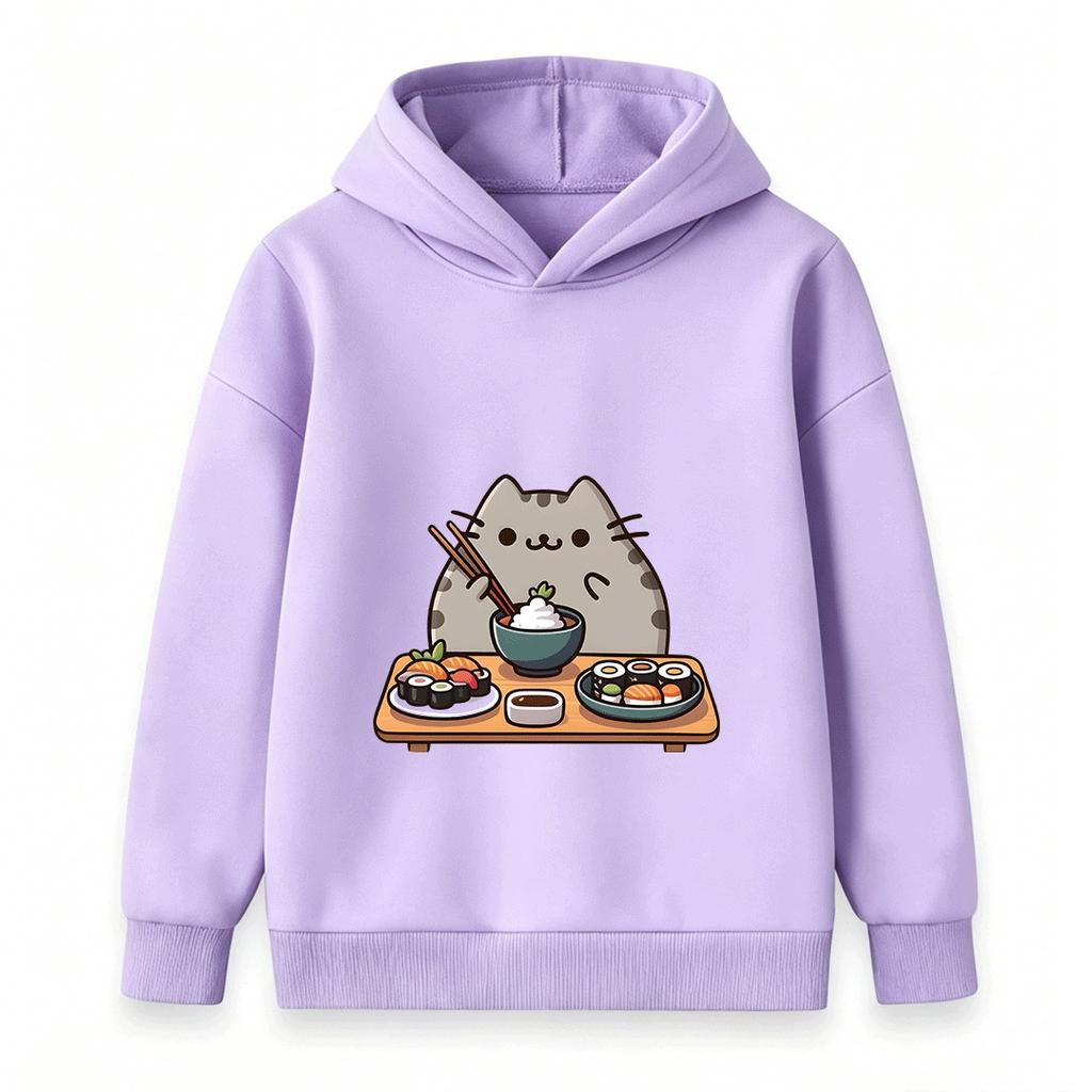 Kids Boys Girls Hooded Pullover Sweatshirt Cute Cartoon Cat Sushi Pattern Casual Soft Pullover Top for Daily Wear Gift for Sushi Lovers
