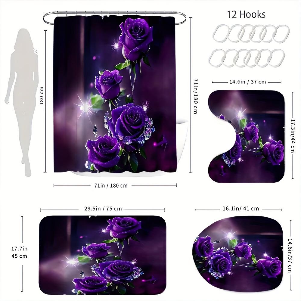 4Pcs Bathroom Shower Curtain Set Purple Rose Bathroom Curtain With 12 Hooks Non Slip Rugs Toilet Cover Mat Bathroom Partition