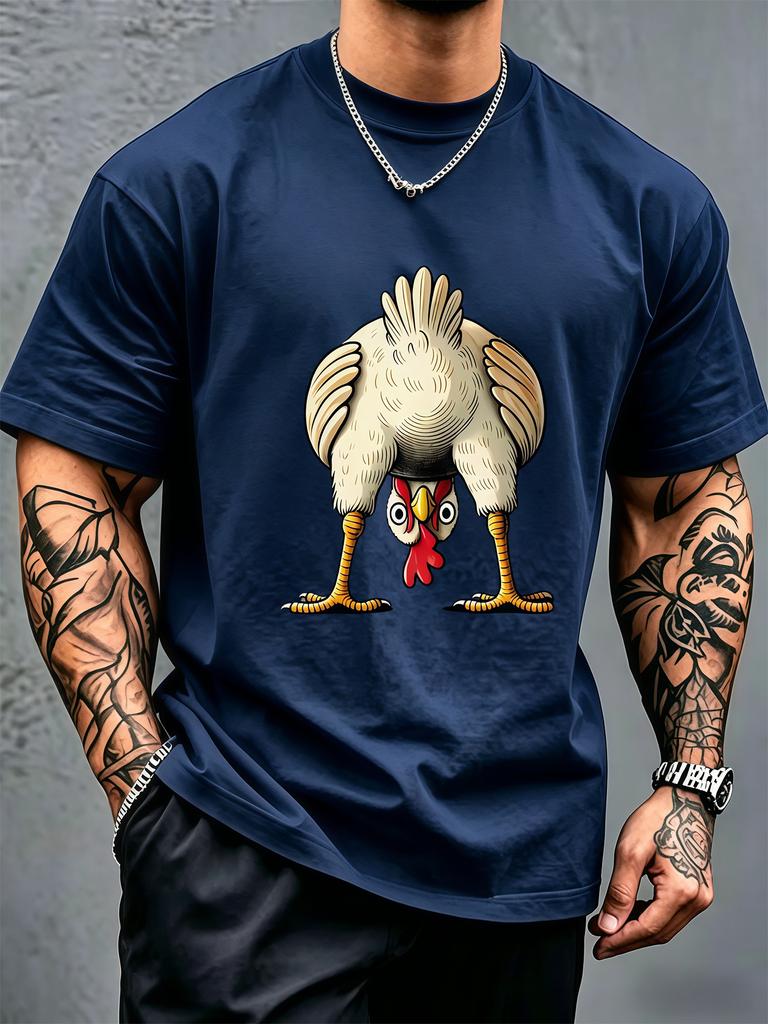 Silly Upside Down Chicken Cartoon Graphic Unisexs Cotton Short Sleeve Tee Funny Animal Casual Top For Humor Loving Adult Male Fans