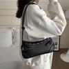 Yogodlns Retro Studded Faux Leather Shoulder Bag with Buckle Detail, Multi-Color for Daily Use Shopping Dating, Commuting and Short Trips