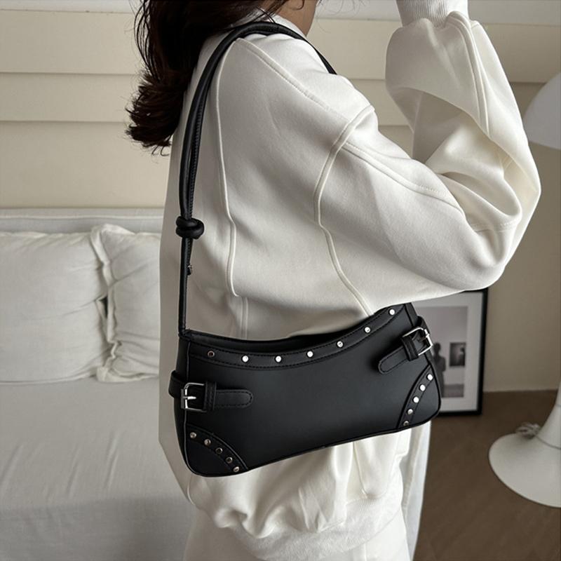Yogodlns Retro Studded Faux Leather Shoulder Bag with Buckle Detail, Multi-Color for Daily Use Shopping Dating, Commuting and Short Trips
