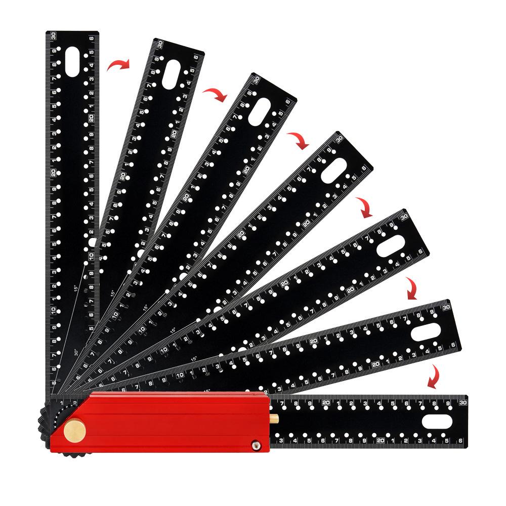 Foldable Multifunction Right Angle Woodworking Ruler with Corner Support and Hole Marking.