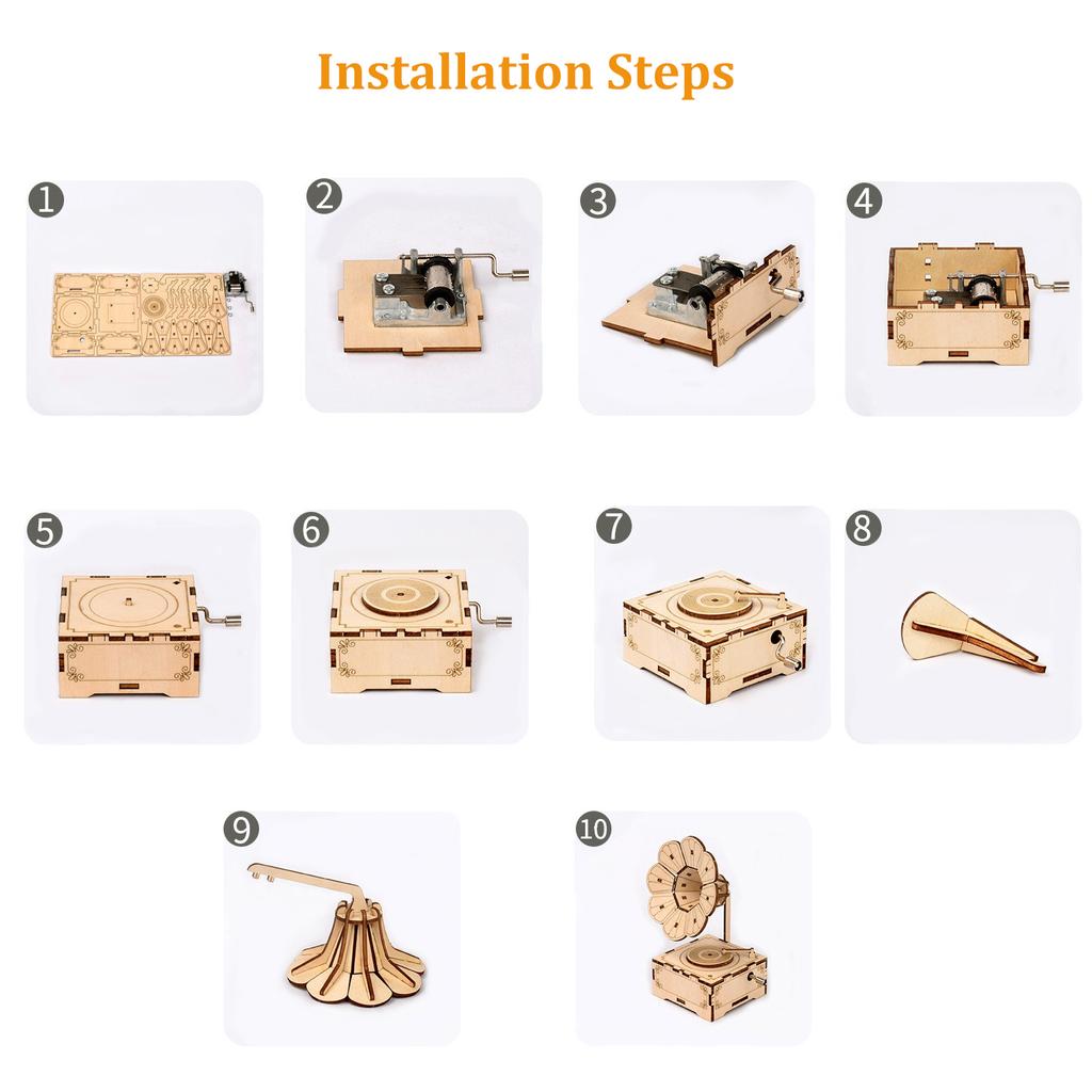 3D Wooden Jigsaw Puzzle Phonograph Music Box, DIY Petal Trumpet Model, Wind-up Music Box, Retro Music Gift Assembly Kit