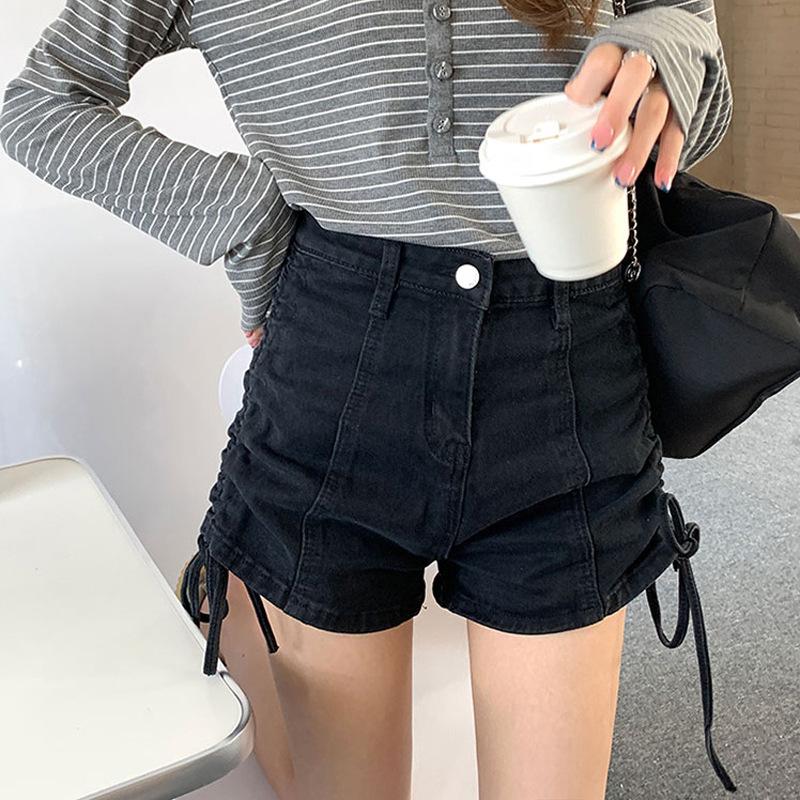 Skinny Moda ve Çok Yönlü Esnek Denim Şort Kadın Yüksek Belli Yüz Düz İnce Bağcıklı Pantolonlar Dar Günlük Şort Kadın
