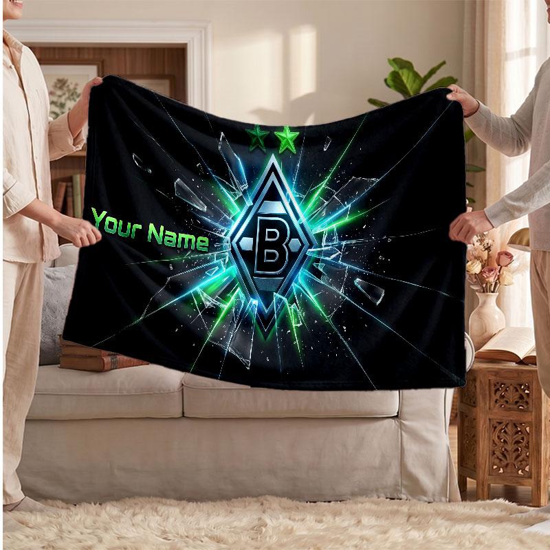 Borussia Mönchengladbach Personalized Fleece Blanket With Football Logo, Custom Name Text Soft Warm Home Throw Blanket