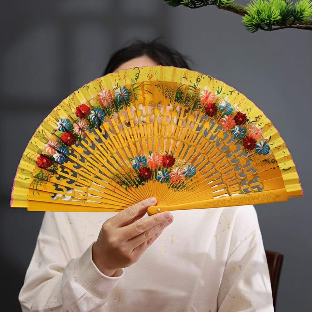 Wooden Hand Painted Fan Antique Chinese Vintage Fan Portable Classic Folding Fan Wedding Party жёлтый