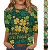 Women's Fashionable Casual St. Patrick's Day Print Neck Three-Quarter Sleeve T-Shirt Top