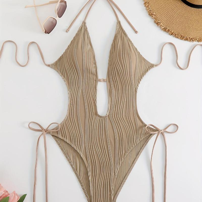 Ribbed Knit Halter Cutout One Piece Swimsuit Tie Side High Cut Bathing SuitSolid Color
