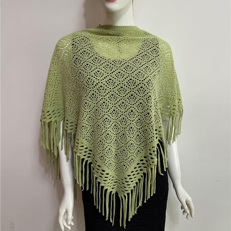 Women's Hollowed Knitted Triangular Scarf Imitation Cashmeres Soft Winter Shawl Wrap Neckerchief Blanket with Fringes