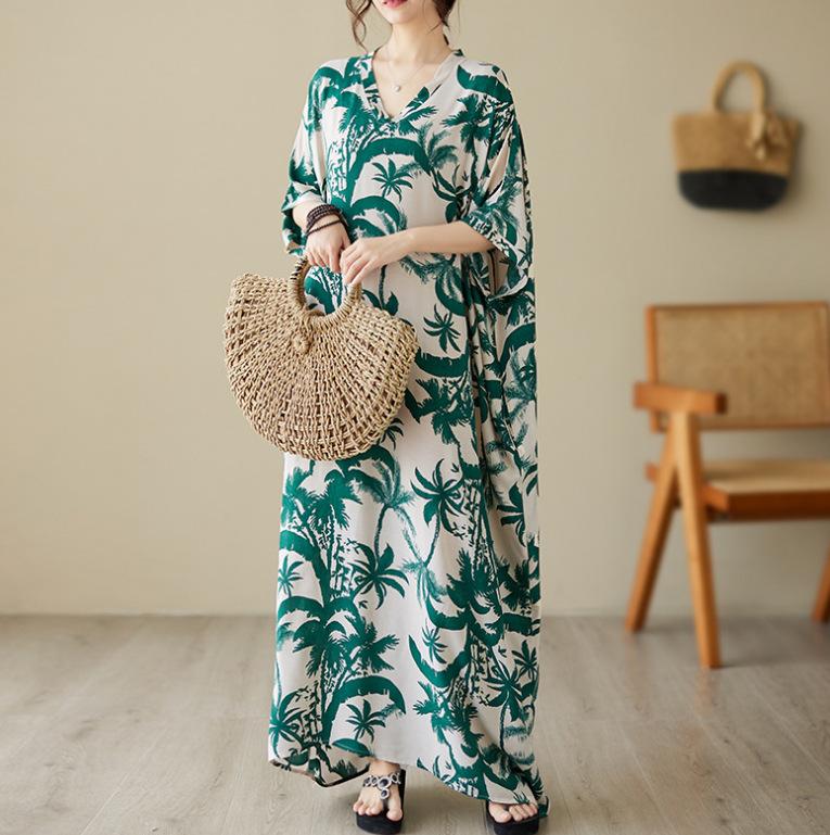 Summer Plus Size Loose Fit Vacation V-Neck Short Sleeve Maxi Dress Women Beach