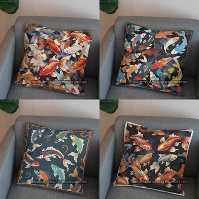 2D Colorful Koi Fish Pattern Decorative Pillow Cover Pattern Cushion Cover Suitable For Sofa Bedroom Car Pillow Cover
