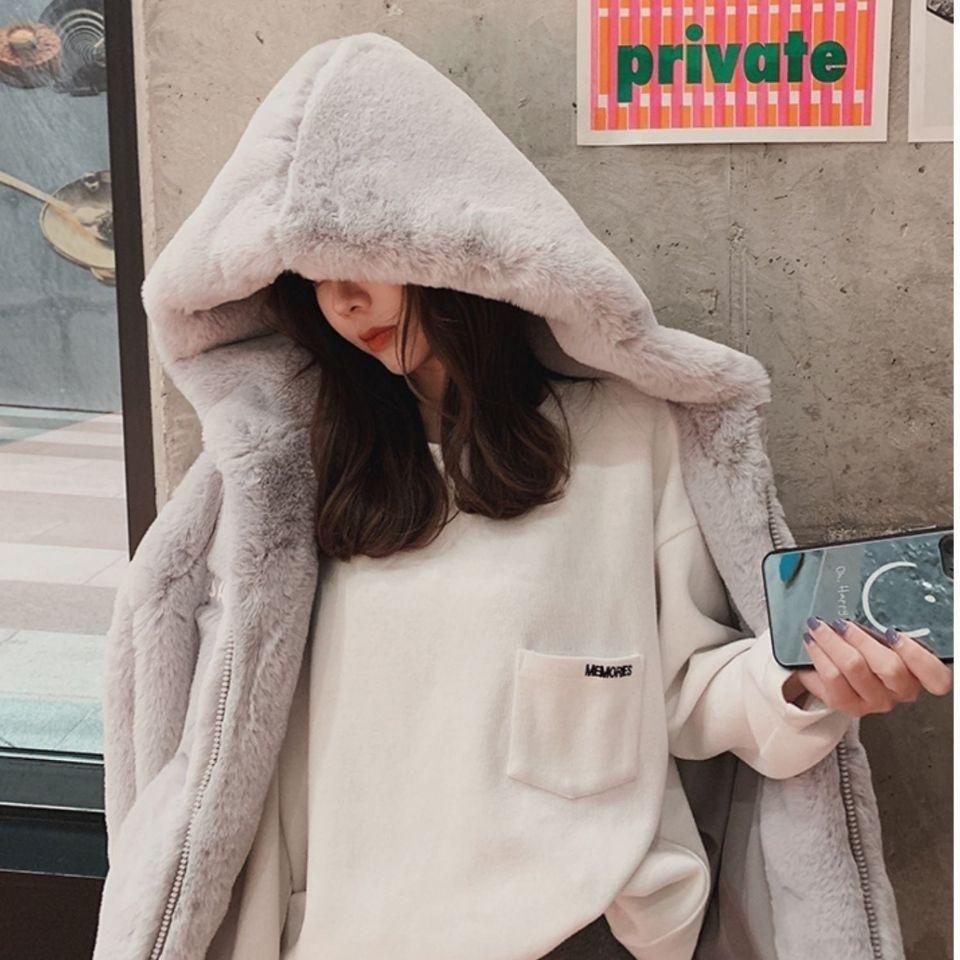 Coat Women's Autumn and Winter Loose Plush Faux Rabbit Fur Hooded Cardigan Women Casual Fashion Medium Length Fur Coat
