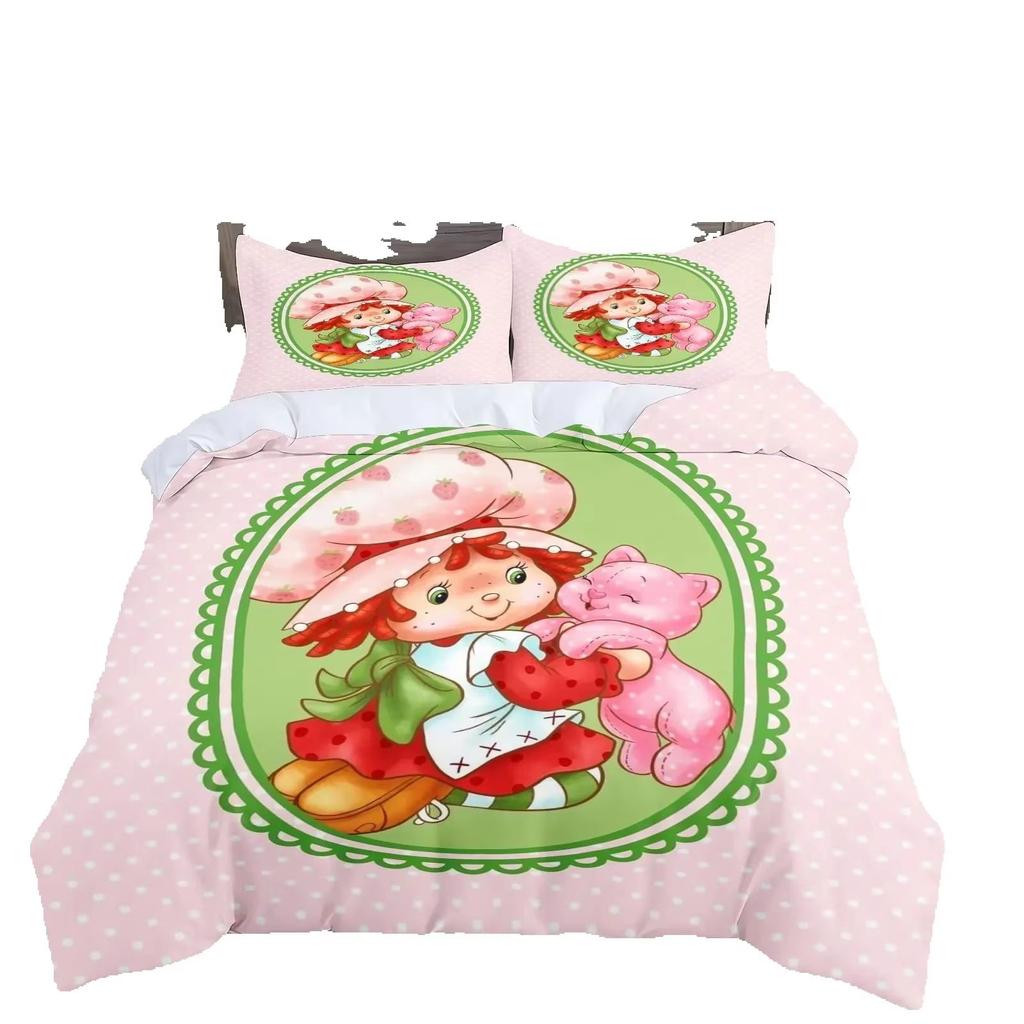 3D Cute Girls Strawberry Shortcake Bedding Set Colorful Cartoon Strawberry Girl Pattern Duvet Cover Pillowcase Home Decor Room