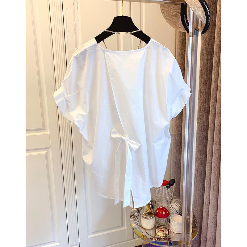 In-Stock Korean Style Bowknot Slit Short Sleeve Women's Pullover Top
