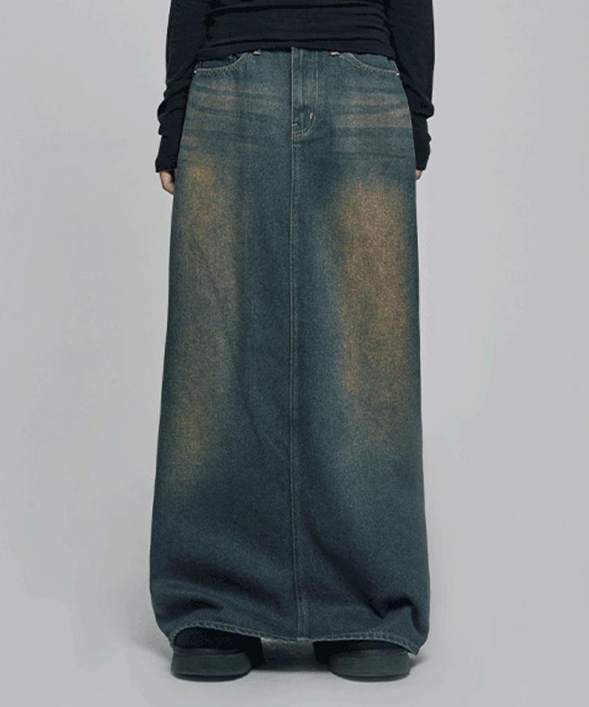 Chix Vintage Washed Denim Long Skirt Black Denim
