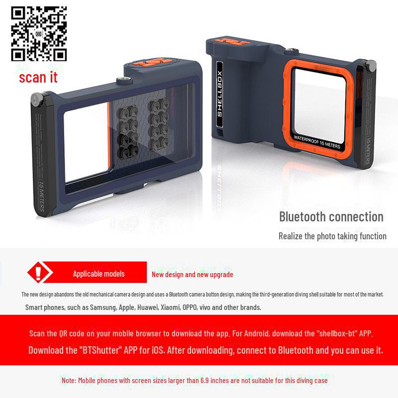 Universal Underwater Diving Case with Bluetooth Control for iPhone, Samsung, Huawei, Xiaomi, and OPPO Smartphones.