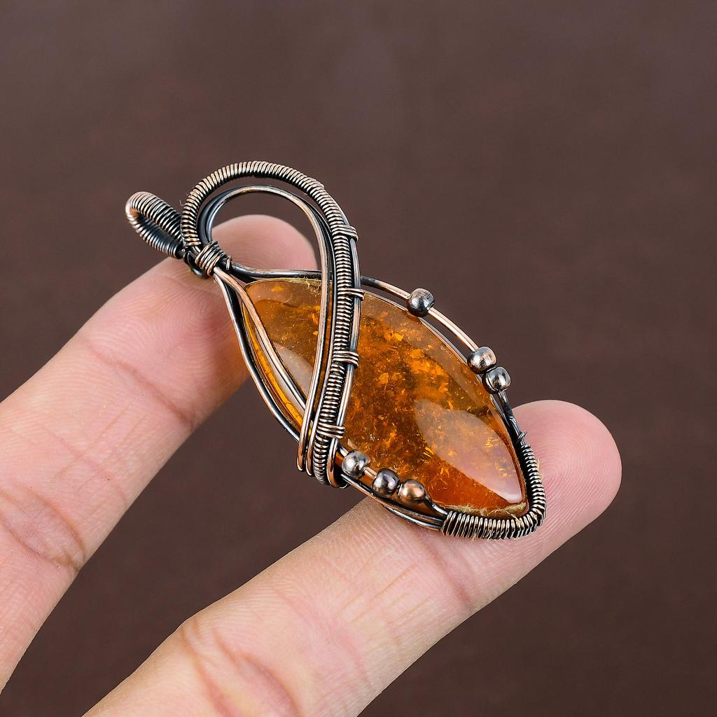 Natural Baltic Amber Gemstone Handmade Copper Wire Wrap Pendant 2.76" y5K07