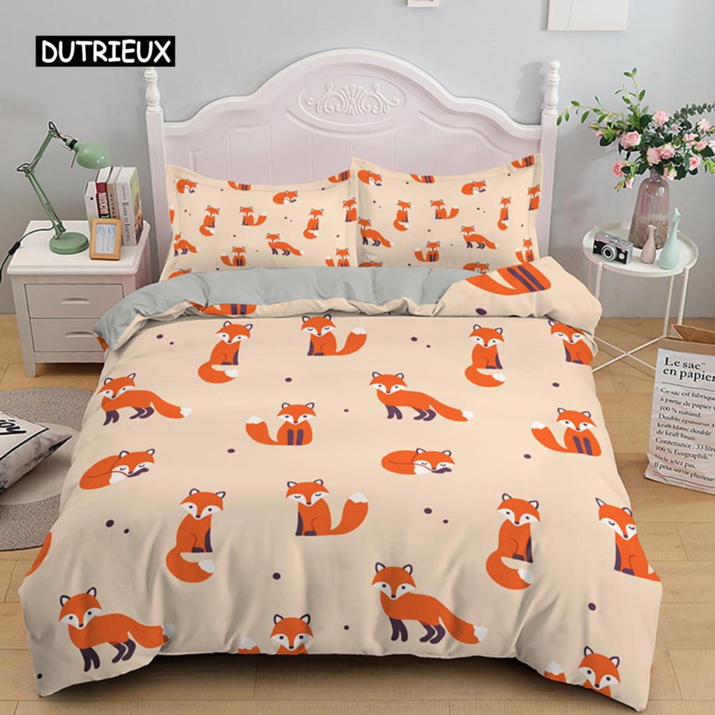 Cartoon Fuchs König Königin Bettbezug Lieblich Orange Tier Floral Bettwäsche Set Kinder Mädchen Blumen Pflanze 2/3tlg. Polyester Steppdeckenbezug