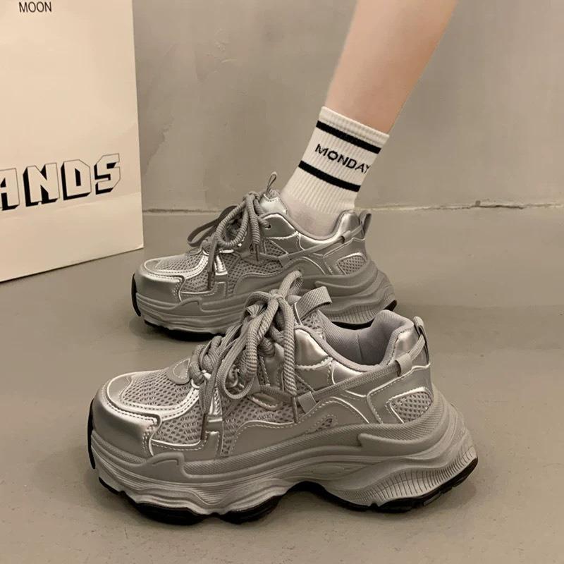Women S Silver Thick Sole Dad Sneakers Breathable Casual Sports Shoes