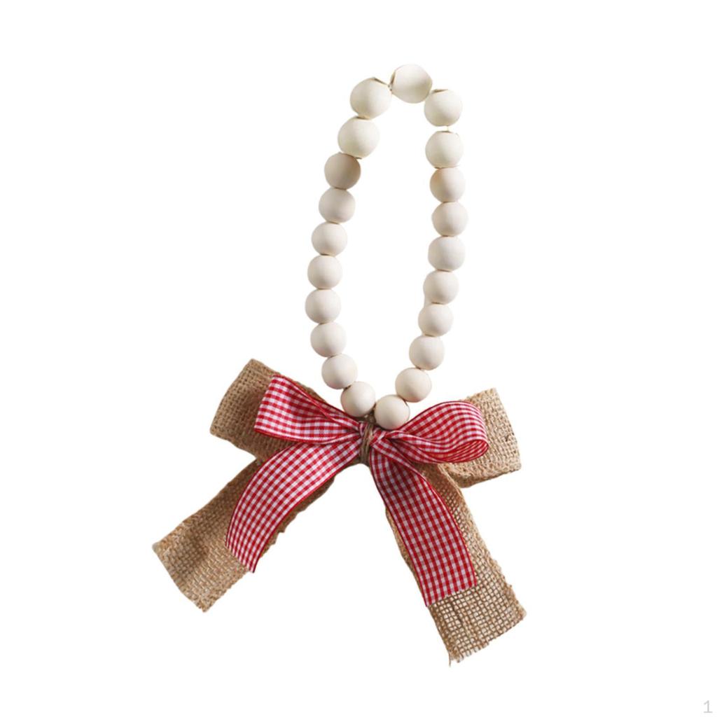 Wood Bead Pendant Home Decor Farmhouse Decorative with Linen Bow Hanging Ornament for Room