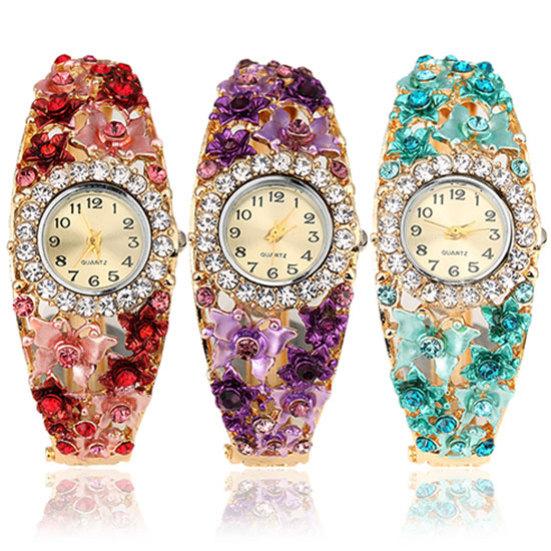 Dameblomst sommerfuglkjole Klokke Rundskive Rhinestone Armbånd Armbåndsur