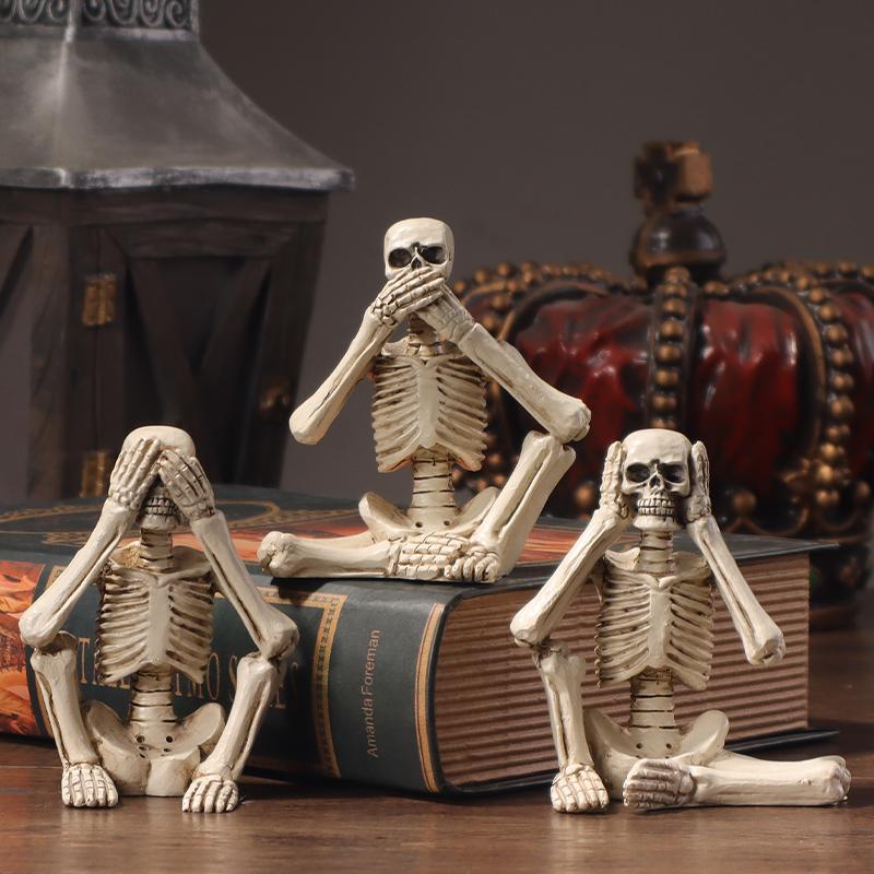Halloween Skull Trio Decorative Resin Festival Sculpture for Creating Holiday Atmosphere in Home, Bedroom, and Living Room