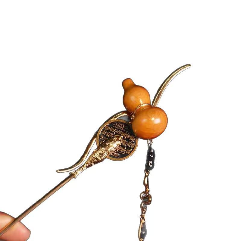 Small Chinese Style Gourd Hairpin: Ancient Design with Tassel, Copper Coin, and Bell