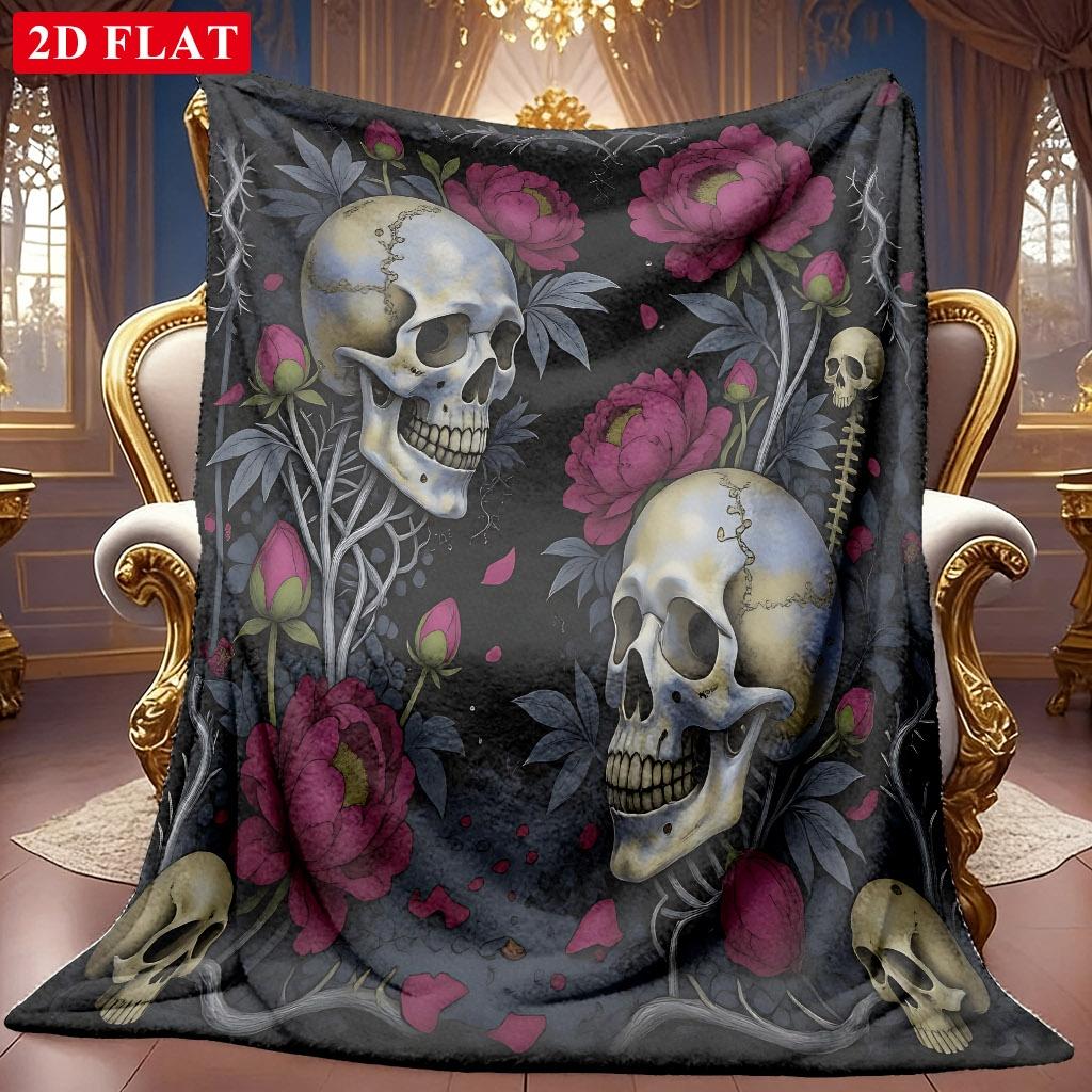 A 2D Flannel Blanket Featuring an Intertwined Dark Skull and Vibrant Peony Pattern, with Soft High-definition Digital Printing. This Cooling Blanket I