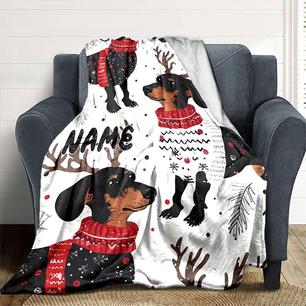 Dachshund With Antlers And Christmas Sweaters Home Customize Your Name Blankets Soft And Cozy Winter Blanket Perfect For Picnics Sofa Office Bed And