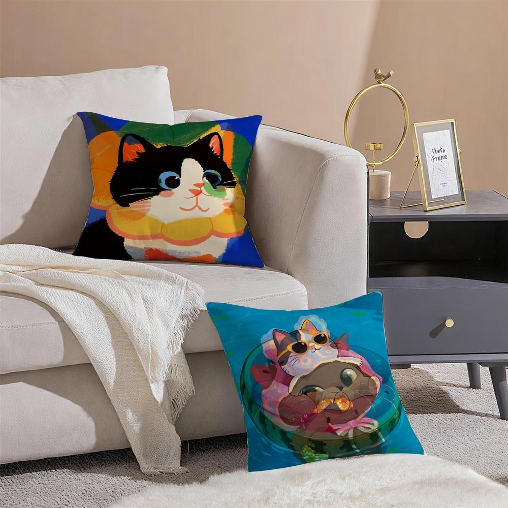 Cute Cartoon Cat Patterns Pillow Case Double-Sided Plush Sofa Cushion Covers Organic Breathable Invisible Zipper