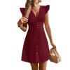 Summer New European and American Sexy High Waist Solid Color V-Neck Striped Button Dress