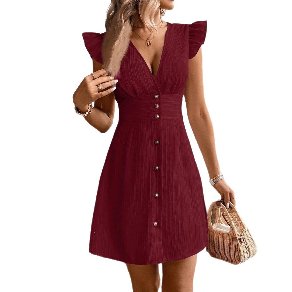 Summer New European and American Sexy High Waist Solid Color V-Neck Striped Button Dress