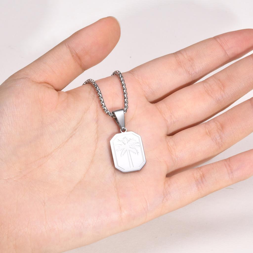 Vnox Simple Geometric Unisex Necklaces, Rectangle Pendant Monogram Palm Tree Collar with Box Chain, Men Women Jewelry