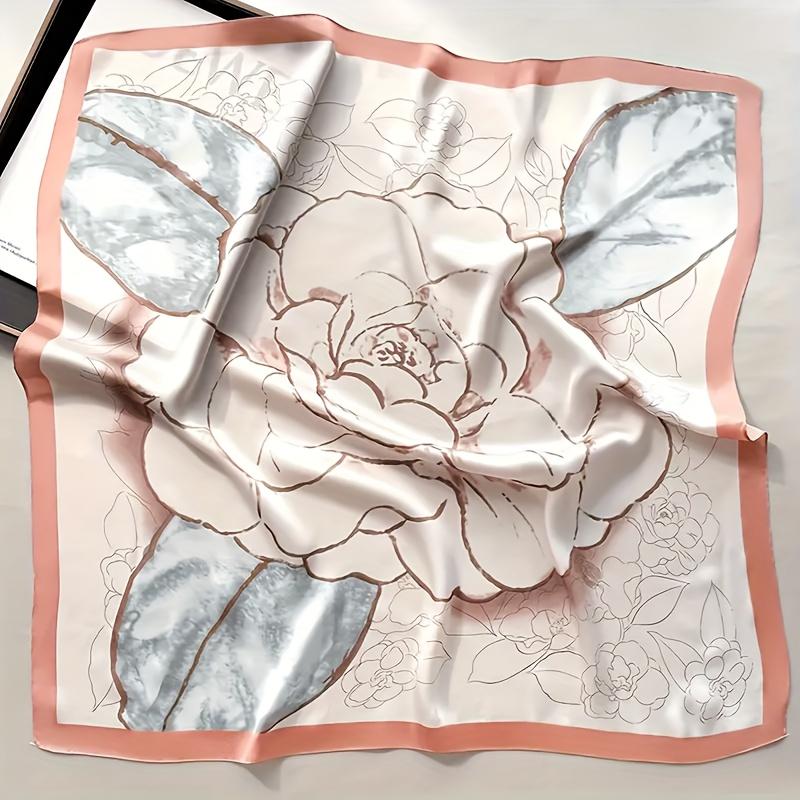 27.5" Flower Print Square Scarf Simulated Silk Thin Smooth Neck Scarf Elegant Style Sunscreen Head Wrap For Women