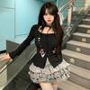 2KWEIRD Slim Hot Sweet Lace Patchwork Print Stars T Shirt Women Clothes Long Sleeve Harajuku Y2k Cardigan Tee Femme 90s