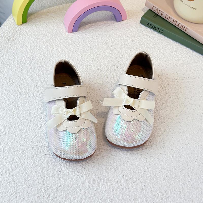 

Girls Princess Shoes Shiny Sequins Ribbon Bows Kids Flat Shoes Non-slip Soft Sole 2025 New Children Dance Shoes Round Toes Ins 22 бежевый