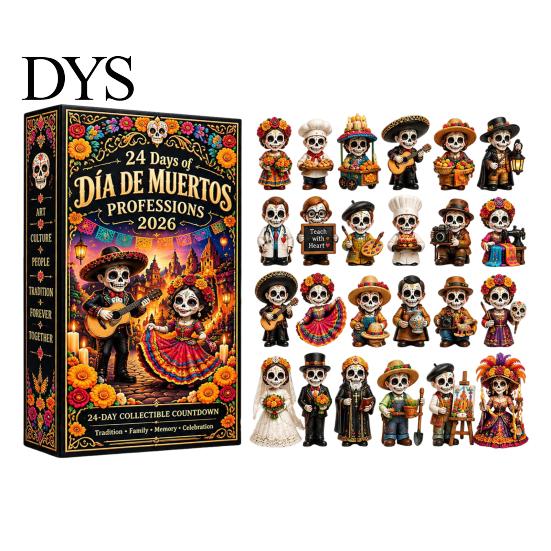 Family Keepsake Gift for Holiday Day of The Dead Advent Calendar, 24-Day Countdown Miniature Village Birthday Boys Girls Set, Collectible Figures