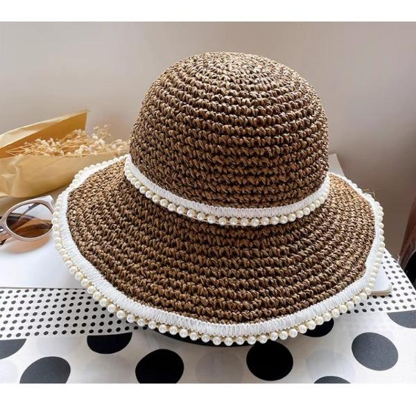 Women's Pearl Trim Straw Bucket Hat Crochet Sun Hat with Beaded Edge Wide Brim UV Protection for Summer Beach & Vacation