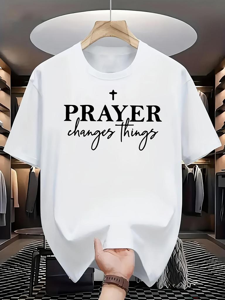 Round Neck Short Sleeve T-Shirt, Faith-Inspired Motivational Style with White Cross + "PRAYER Changes Things" Print in a Combination of Serif and Hand