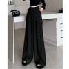 Grey High Waist Wide Leg Pants Women Autumn Split Design Slim Tied Waist Floor Length