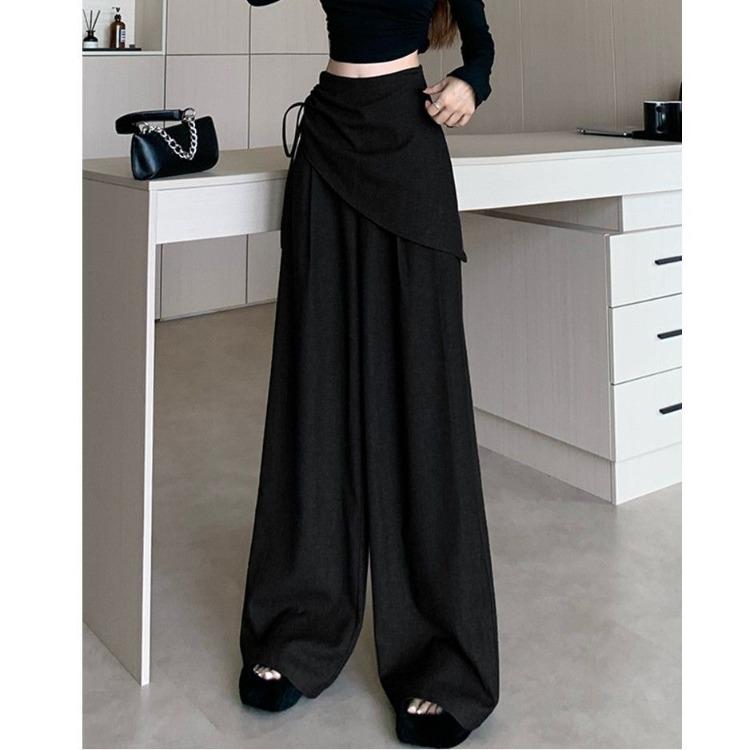 Grey High Waist Wide Leg Pants Women Autumn Split Design Slim Tied Waist Floor Length