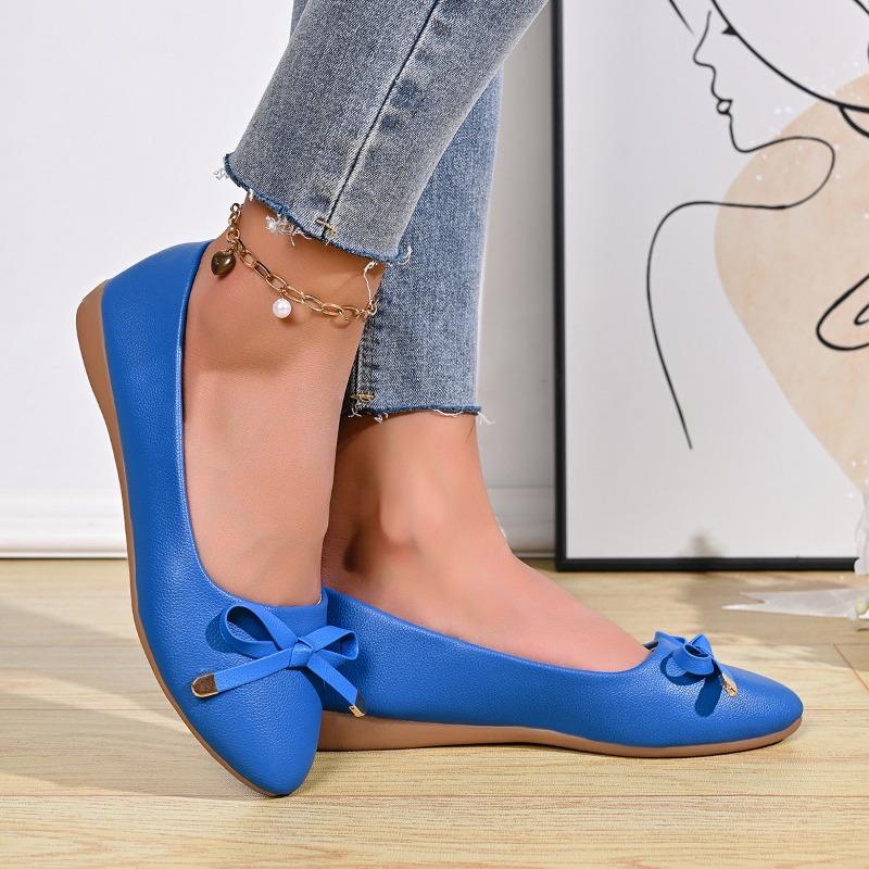 Scarpe Basse in Pelle con Fiocco Singolo, Bocca Stretta, Suola Spessa Morbida, Lati Morbidi, Tacco Basso Comodo