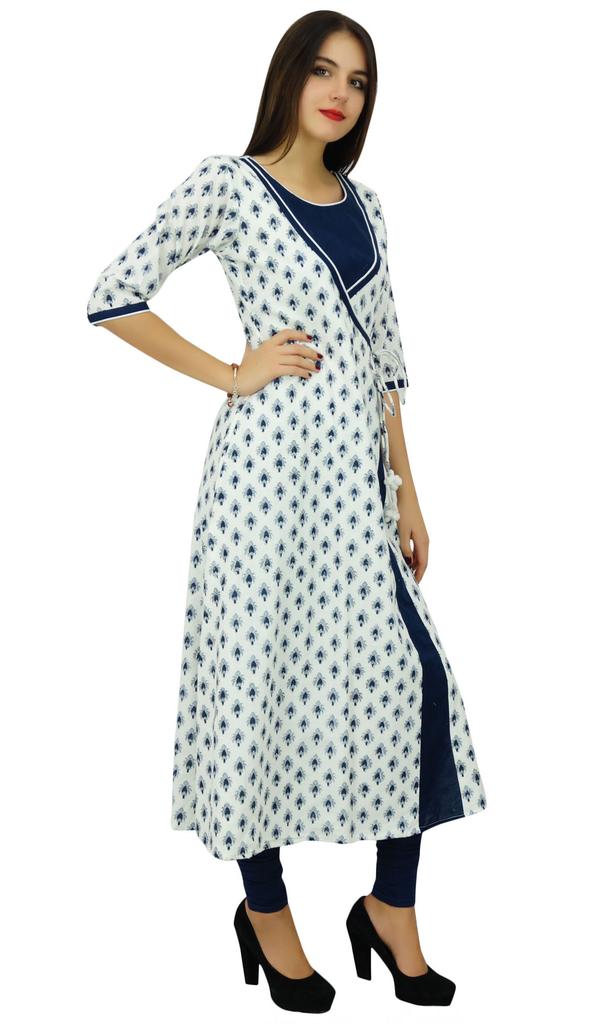 Bimba Womens White Angrakha Style Cotton Kurta Designer Indian Kurti Summer Party Day