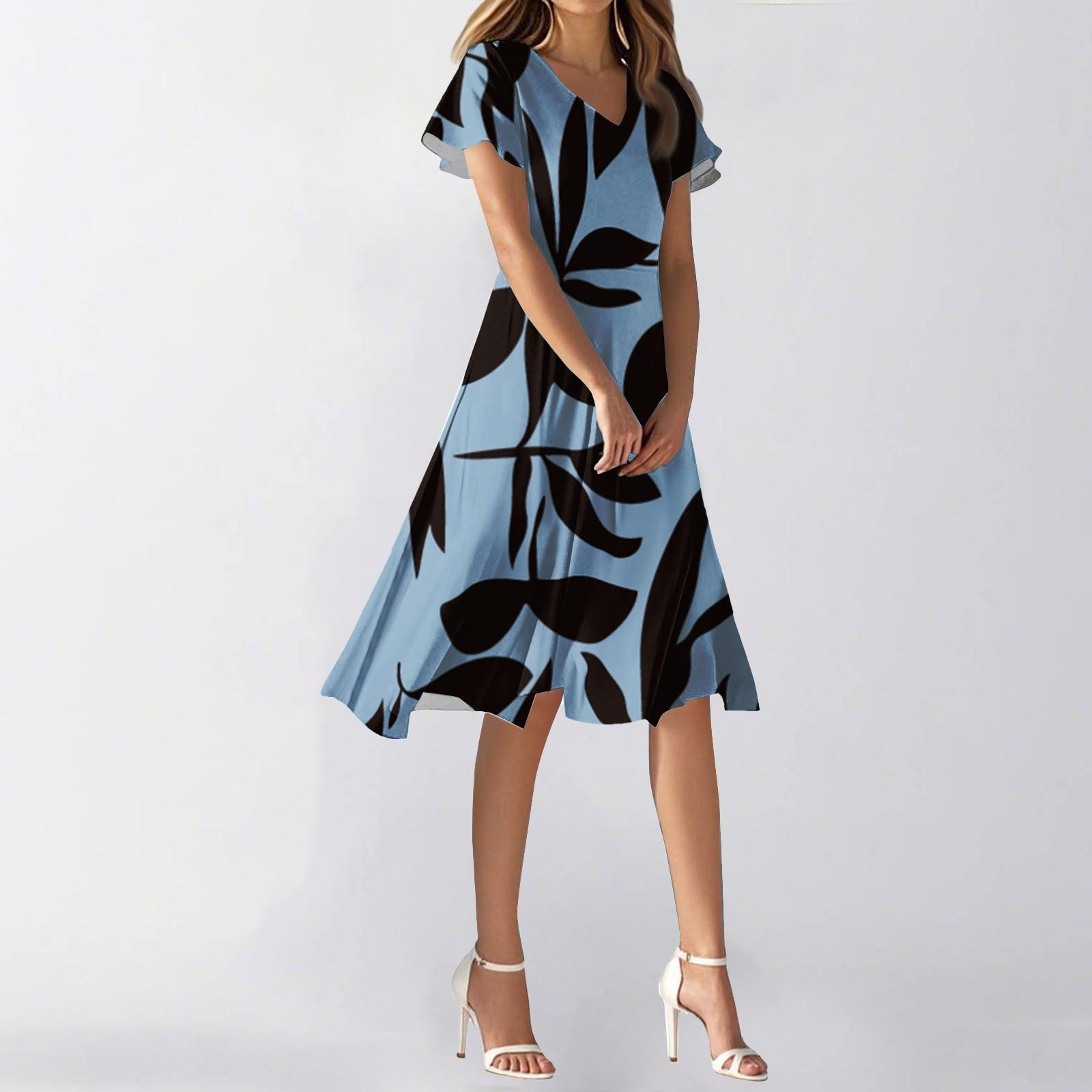 

Женское летнее повседневное модное платье с цветочным принтом и V-образным вырезом, короткая юбка с коротким рукавом XS светло-синий