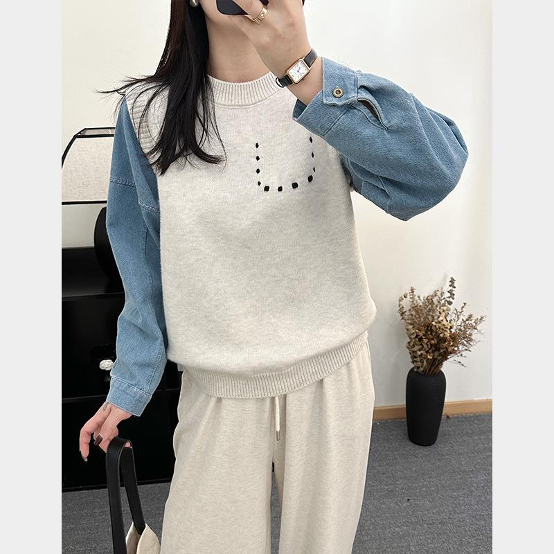 

Женский свитер из двух частей с джинсовыми рукавами - Осень/Зима 2024, корейский стиль, вязаный топ с круглым вырезом XL бежевый