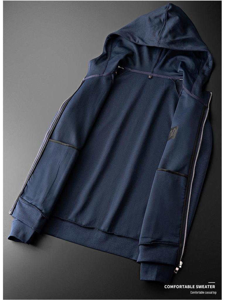 Men's High-End Casual Hooded Sweatshirt - Autumn/Winter Color Block Zipper Jacket with Embroidery