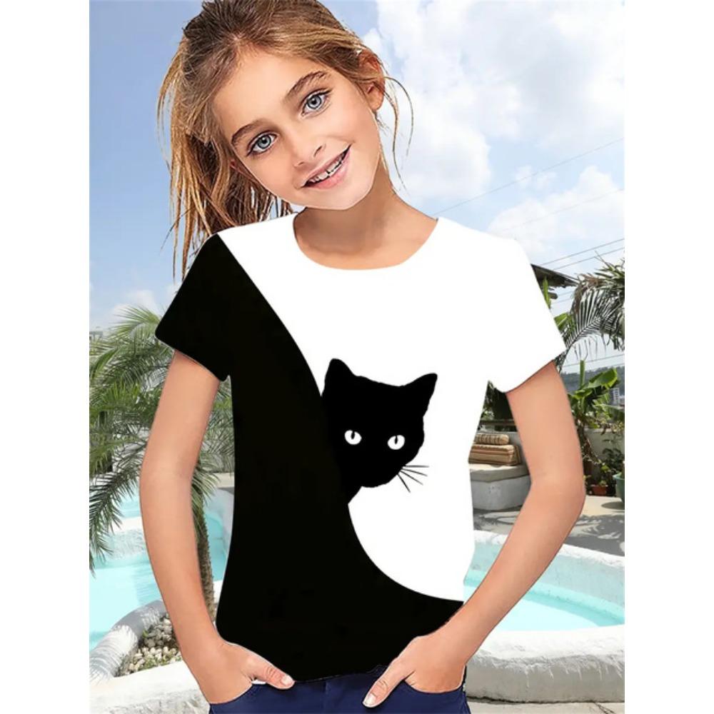 2025 Funny Animal Cat 3d Print Girls' T-Shirts Party Fashion Short Sleeved Tops Tee 2025 Casual T-Shirts Girls' Clothing