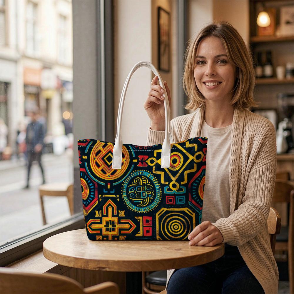 Tribal Print Tote Bag Casual Large Capacity Daily Shoulder Purse for Women Stylish Geometric Pattern Handbag for Travel Grocery Shopping Outdoor Use